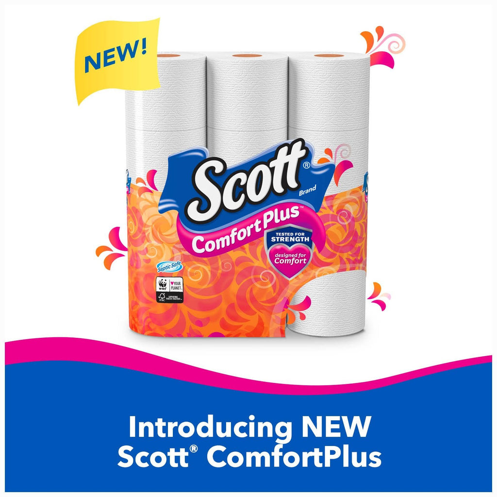 Scott ComfortPlus Toilet Paper, 12 Triple Rolls, 231 Sheets per Roll, Septic-Safe, 1-Ply Toilet Tissue